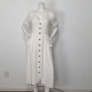 ZARA TRF White Linen Blend Coquette Button Front Midi Dress with Pockets Size S